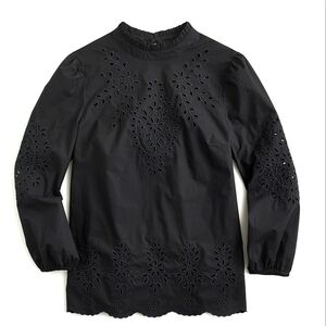 J Crew Black Label Mockneck Cotton Poplin Eyelet Top Black